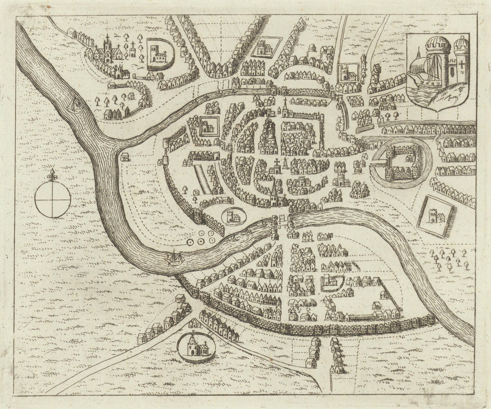 Plan of the city of Bristol in 1676 after John Speed 1789 old antique map